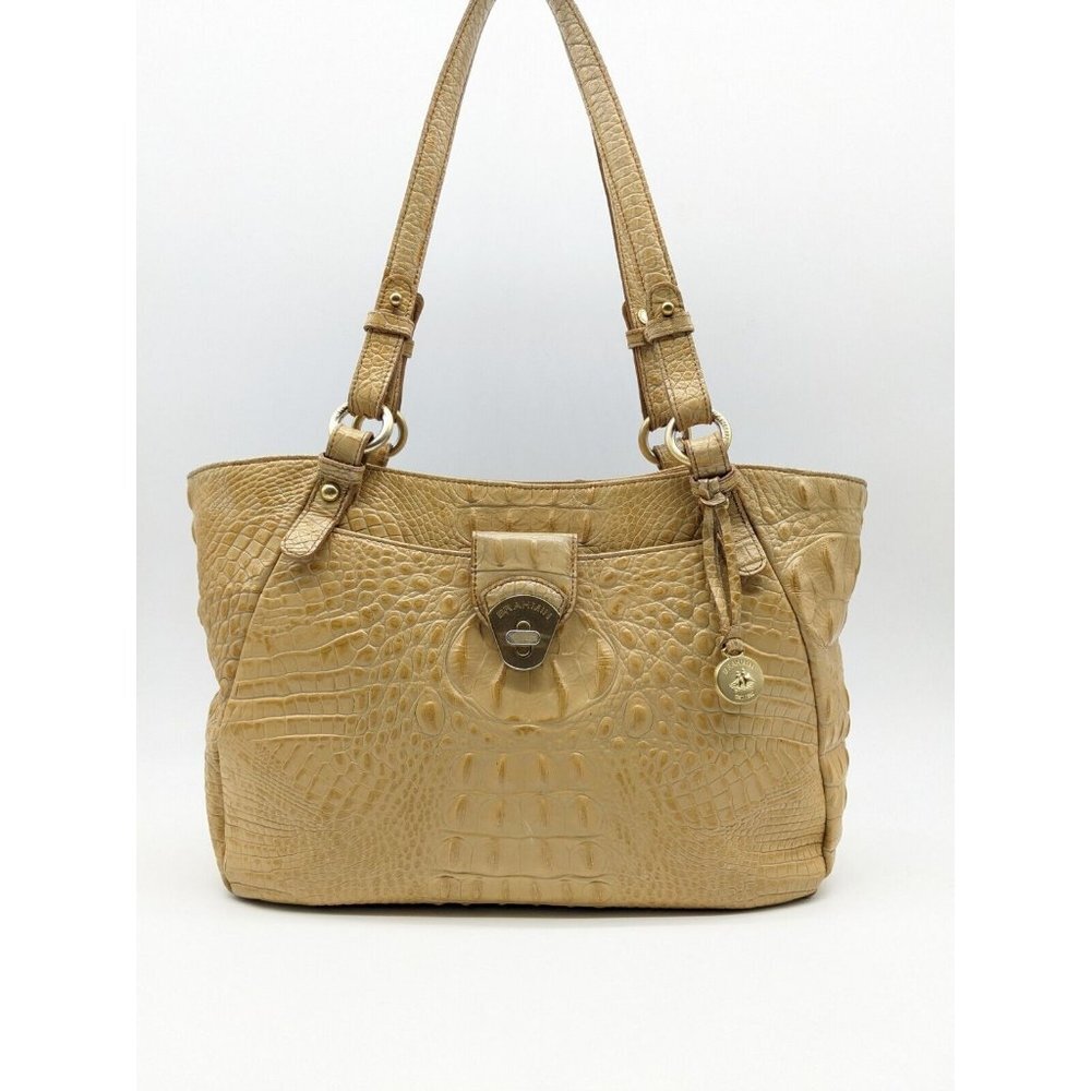 BRAHMIN Collette croc embossed leather satchel shoulder bag - Vanilla/Beige
